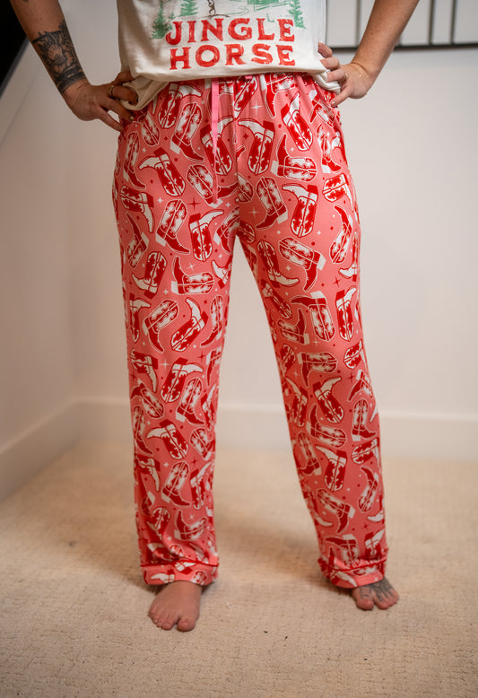 Southern Fried Cowgirl Boot Pajama Pants – Pink Christmas Lounge Pants
