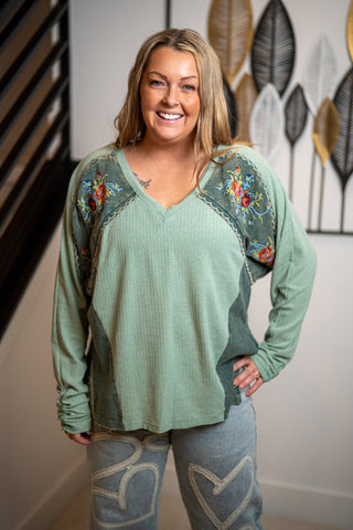 Oli & Hali Washed Floral Embroidered Ruched Sleeve Top in Teal