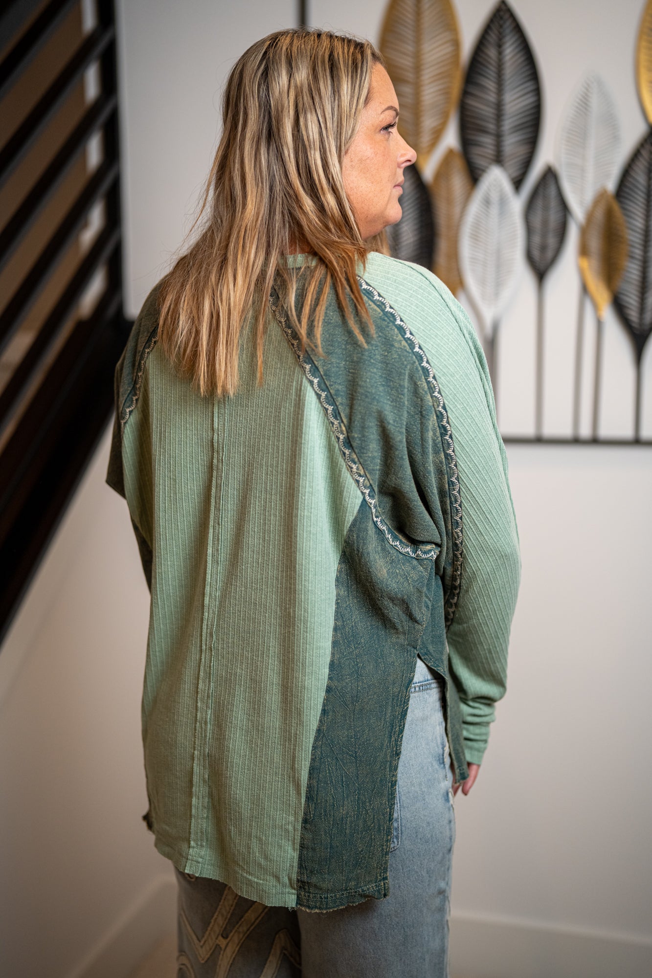 Oli & Hali Washed Floral Embroidered Ruched Sleeve Top in Teal