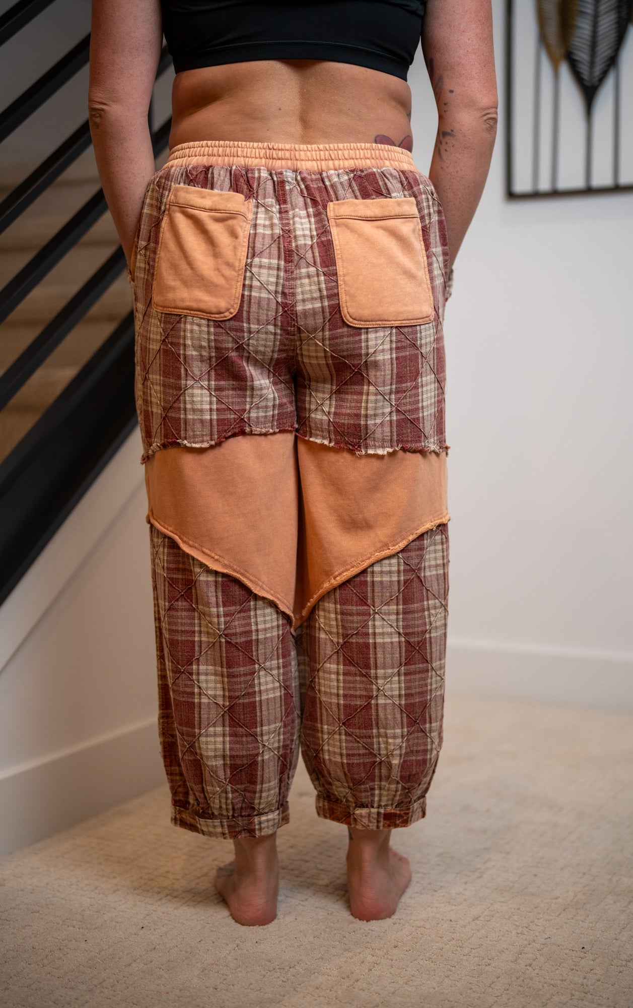 Oli & Hali Washed Plaid Mixed Terry Quilted Detail Pants – Taupe