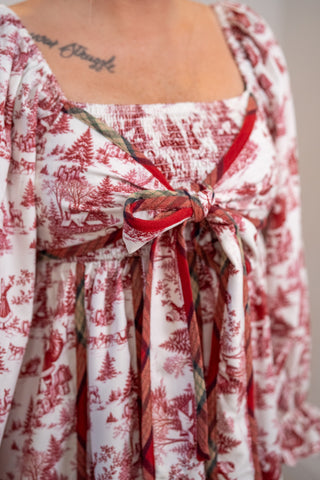Red and white toile print midi dress with plaid ribbon tie front detail