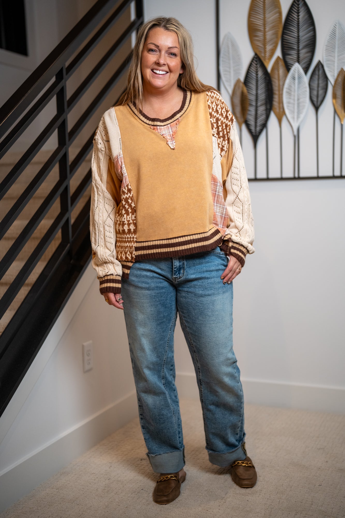 Oli & Hali Washed Fabric Mix Sweater Top in Coffee