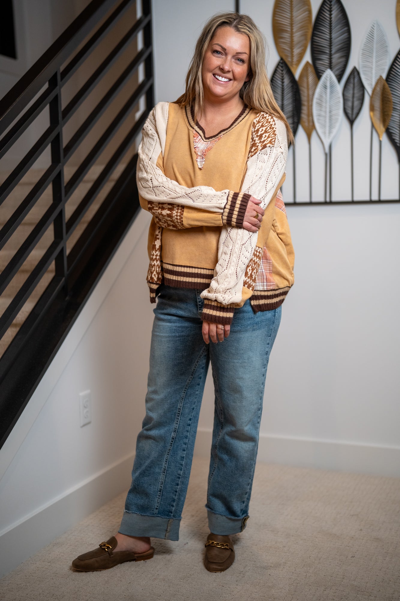 Oli & Hali Washed Fabric Mix Sweater Top in Coffee