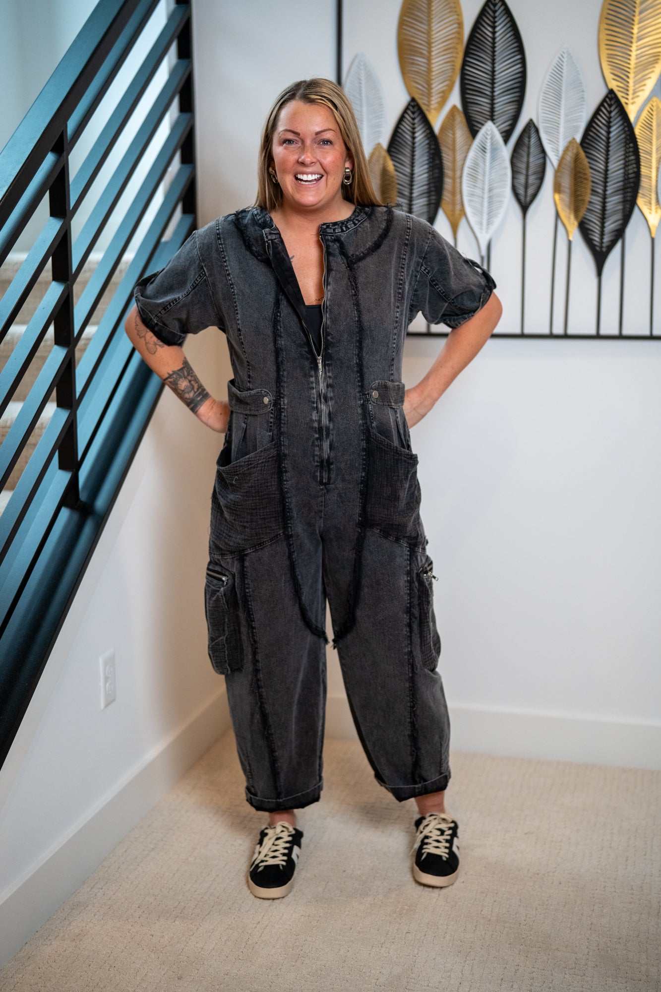 Oli & Hali Washed Short Sleeve Jumpsuit in Black