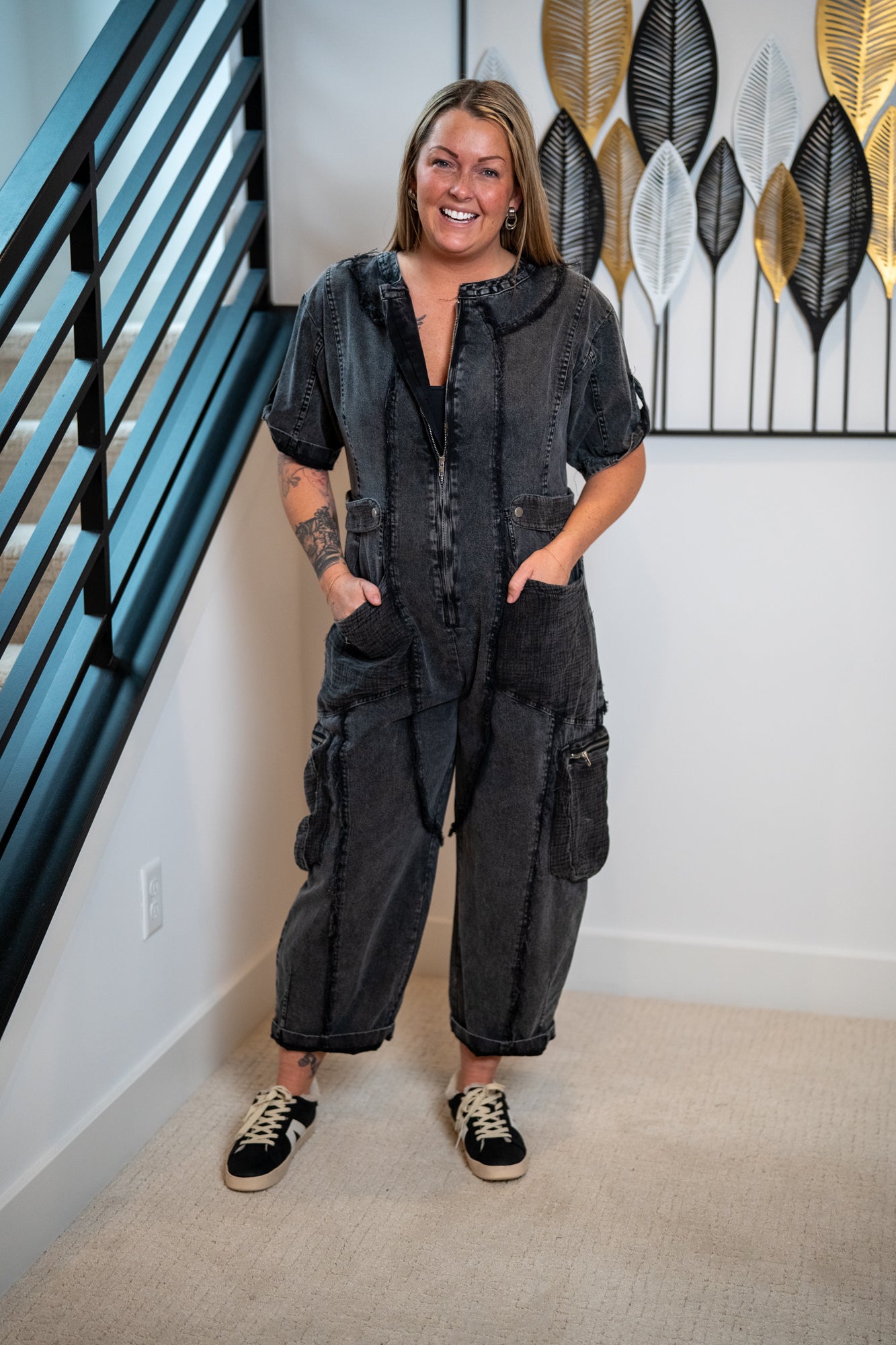Oli & Hali Washed Short Sleeve Jumpsuit in Black