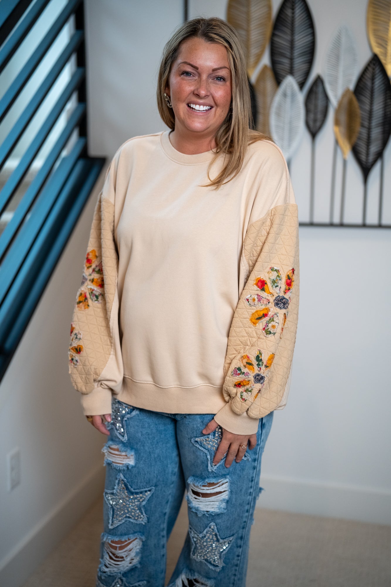 Easel Quilted Sleeve Floral Patch Pullover