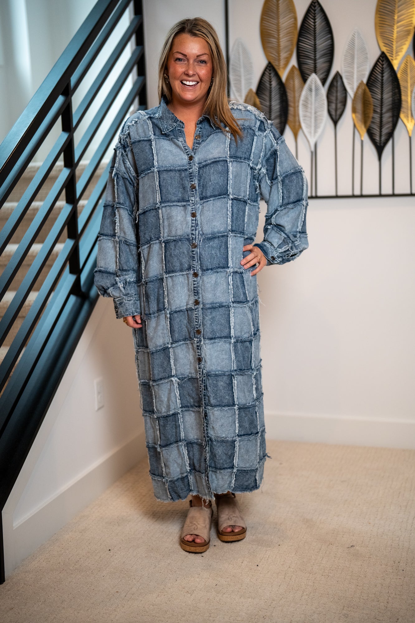 Oli & Hali Washed Square Patchwork Tencel Long Shirt