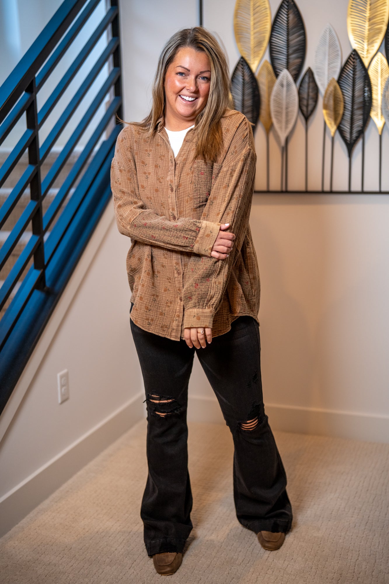 Easel Floral Print Cotton Gauze Shirt