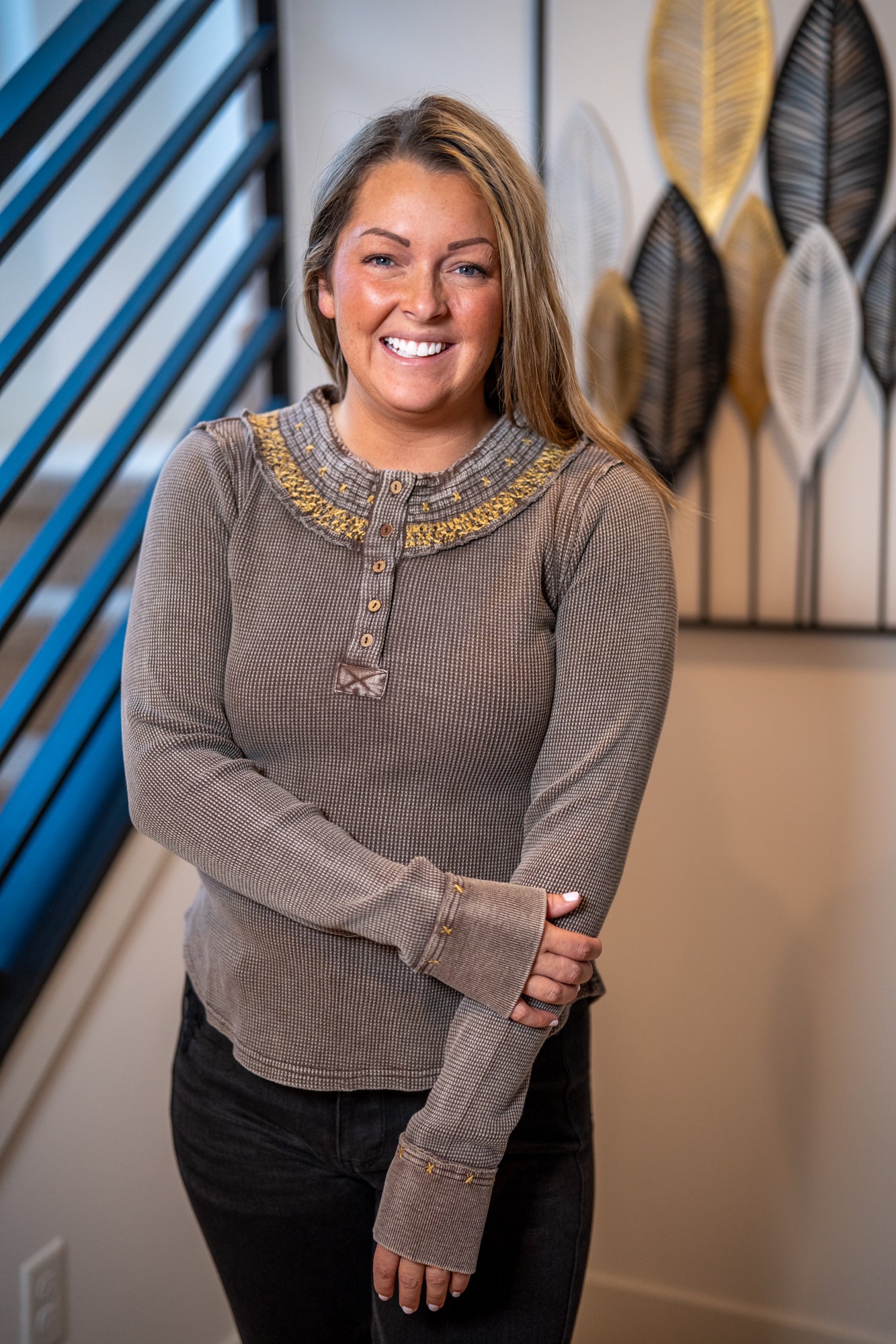 Easel Embroidery Neck Detail Henley Top