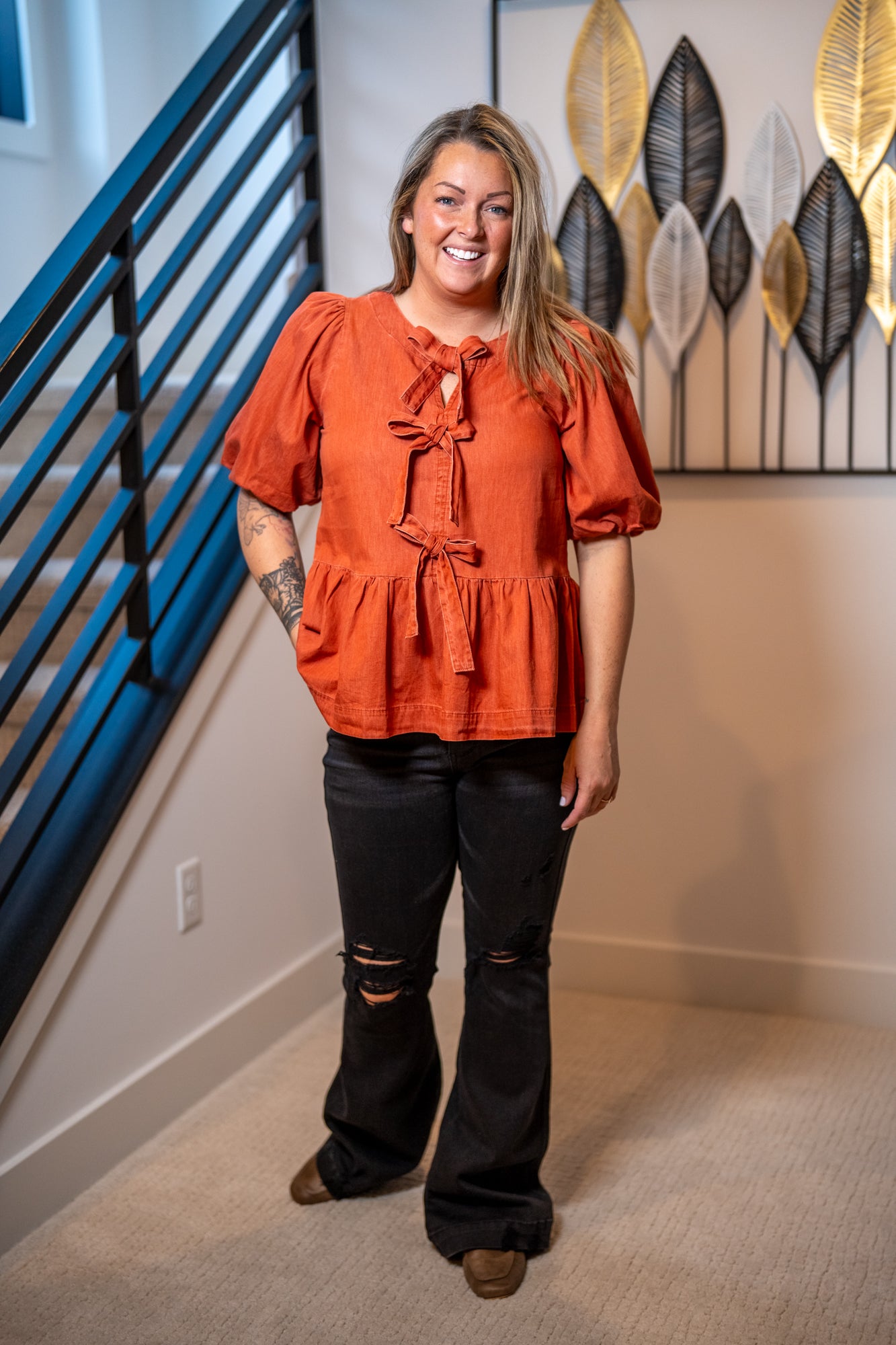 Easel Chai Latte Bow Front Denim Peplum Top