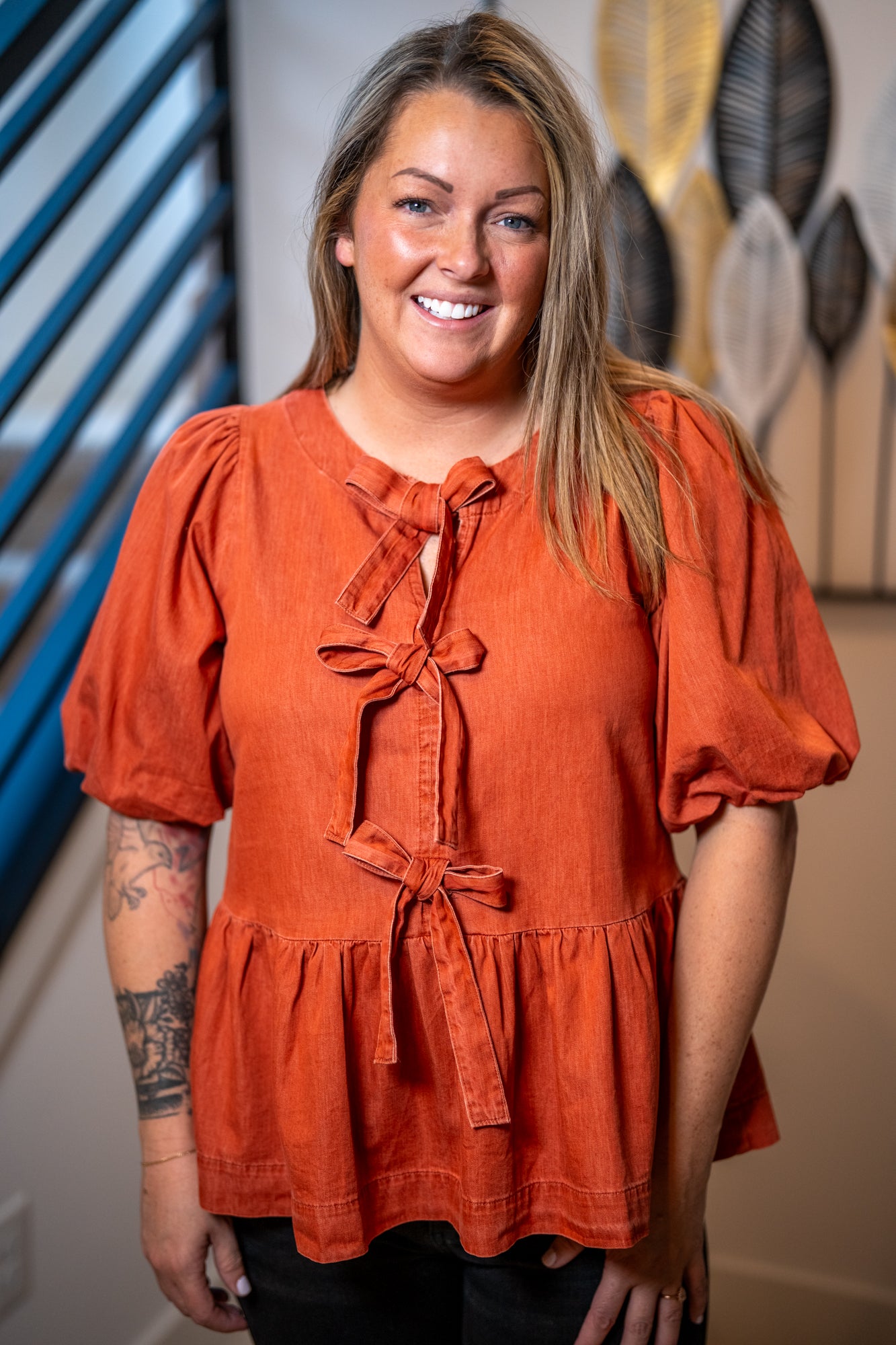 Easel Chai Latte Bow Front Denim Peplum Top