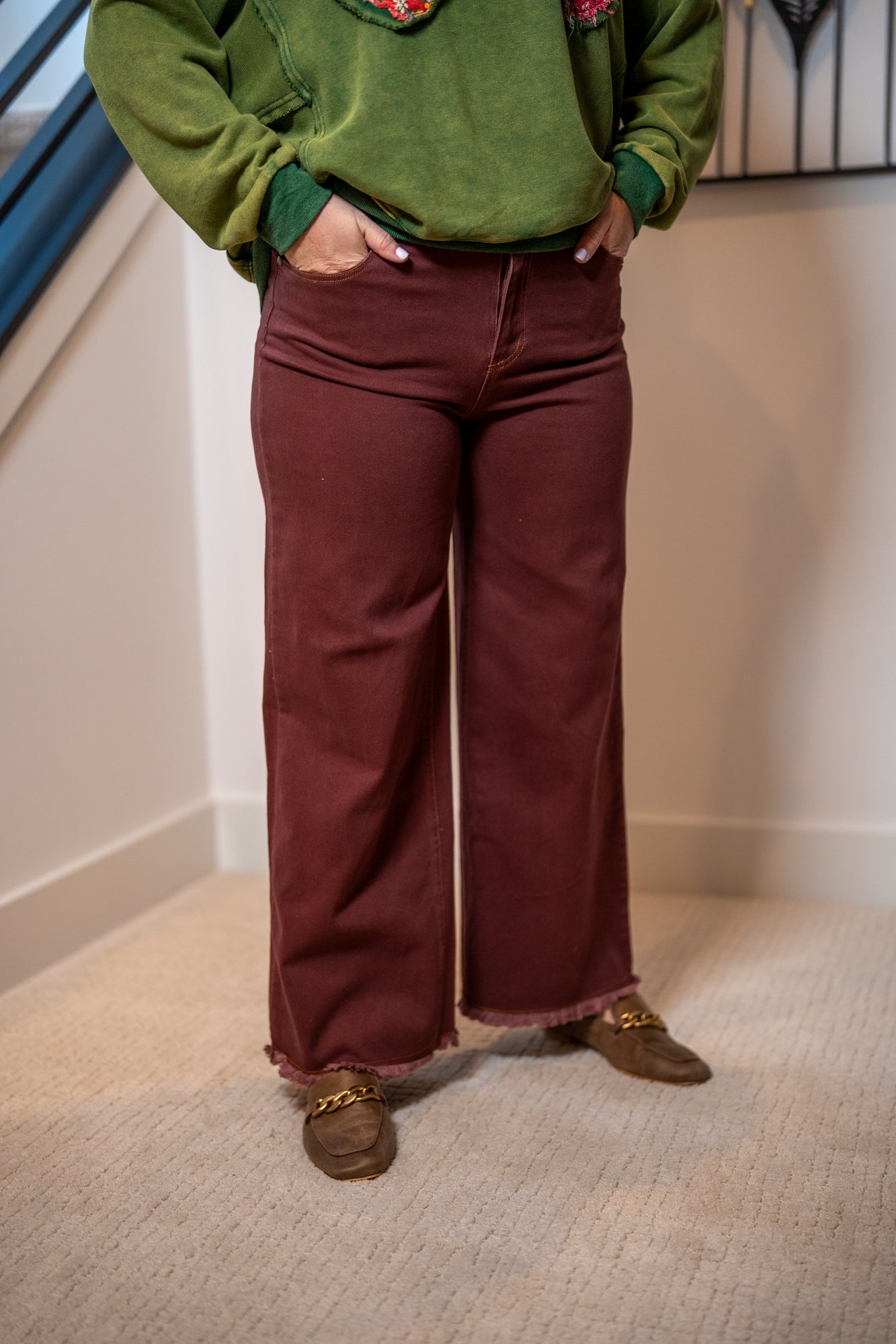 Easel Vintage Wine High-Waisted Washed Stretch Twill Pants