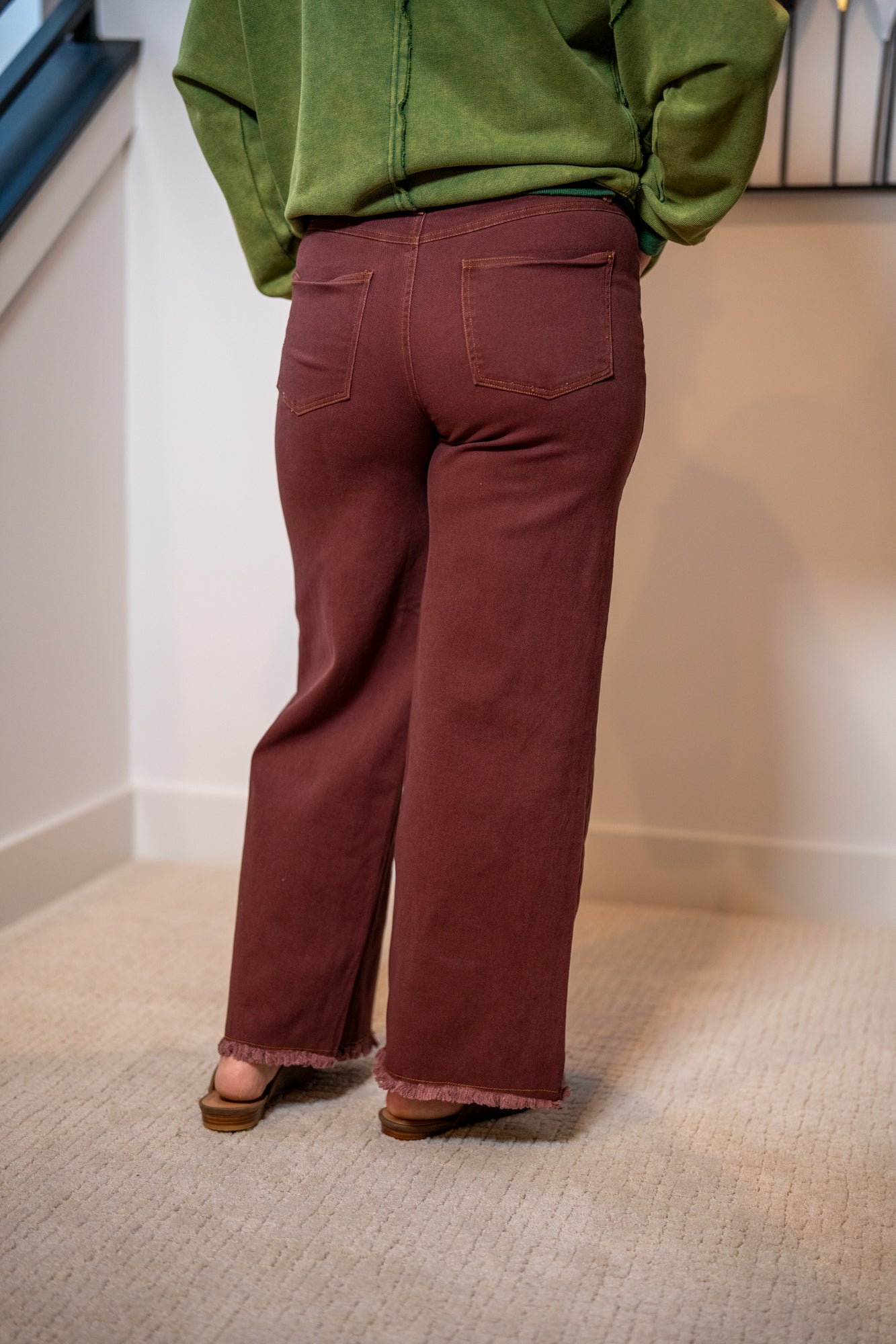 Easel Vintage Wine High-Waisted Washed Stretch Twill Pants