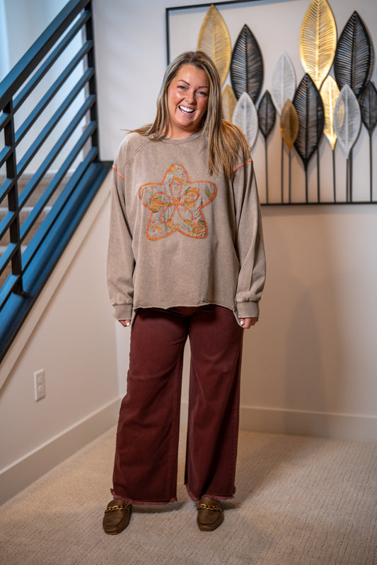 Easel Vintage Wine High-Waisted Washed Stretch Twill Pants