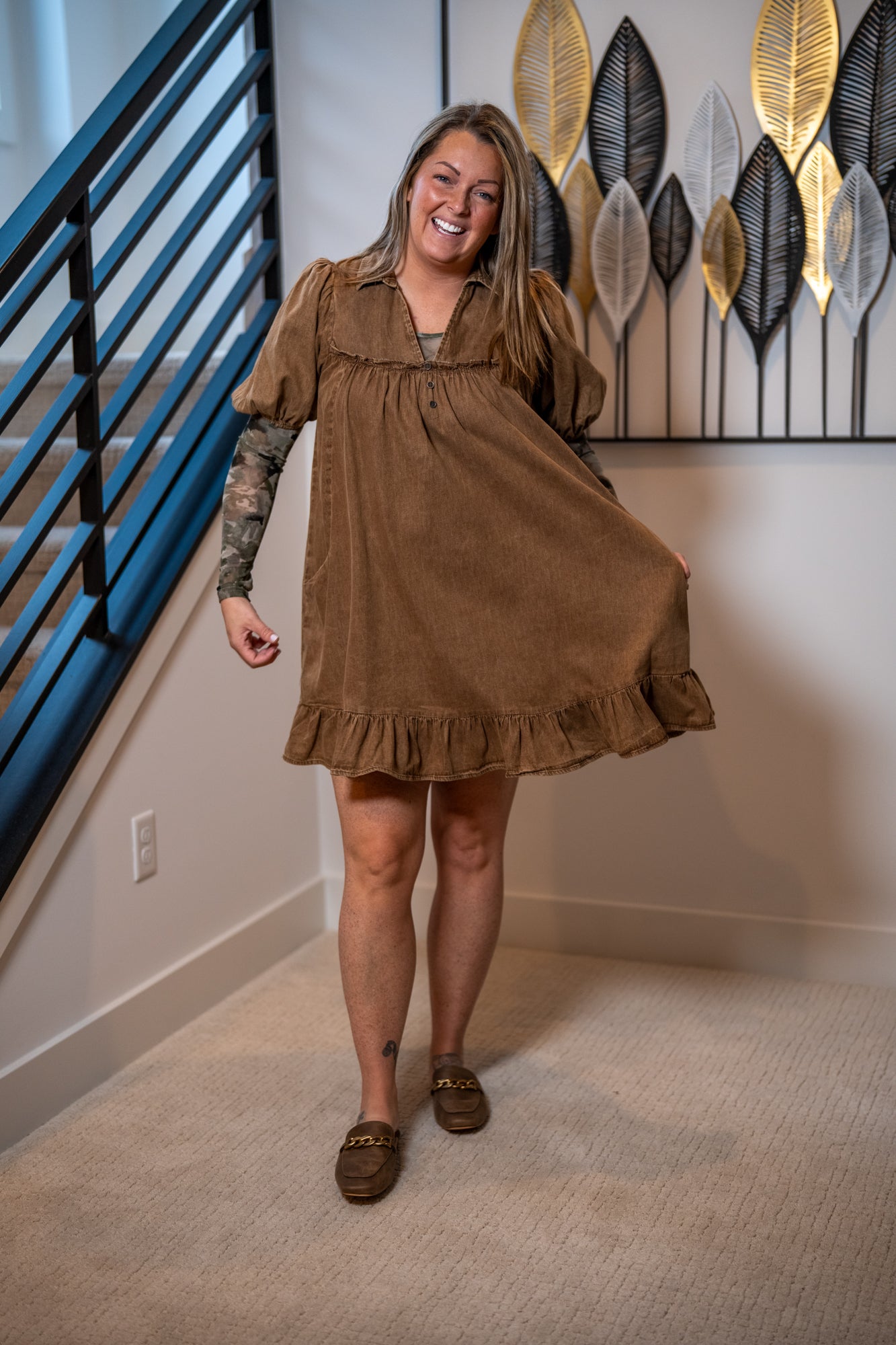 Easel Mocha Ruffle Bottom Washed Chambray Babydoll Dress