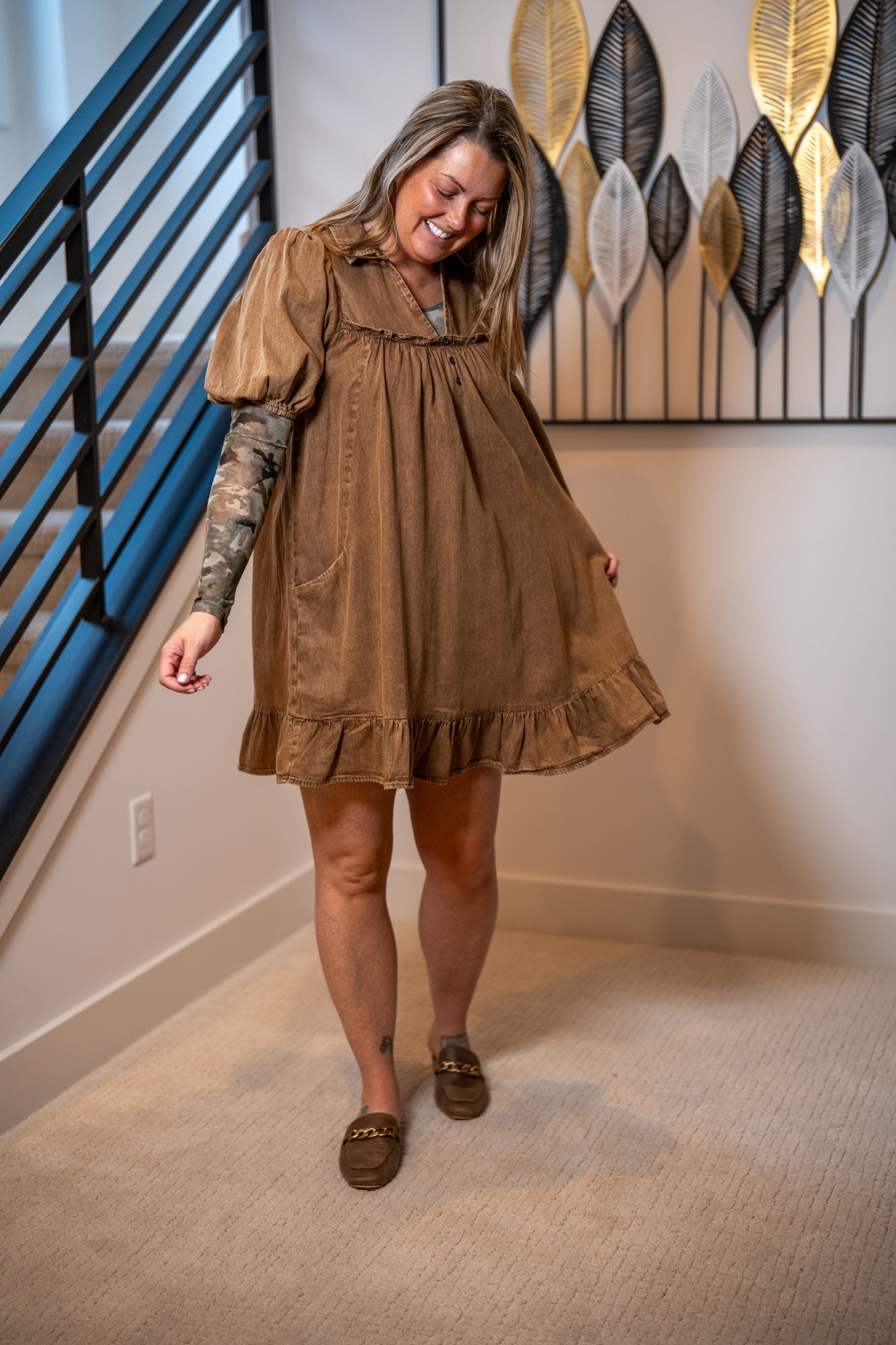 Easel Mocha Ruffle Bottom Washed Chambray Babydoll Dress