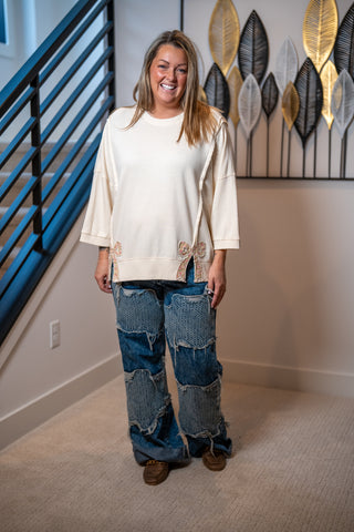 Easel Bow Patch Washed Terry Pullover
