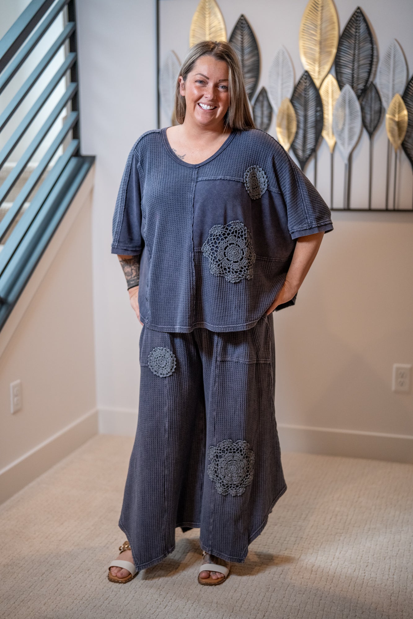 Easel Crochet Patch Thermal Pants