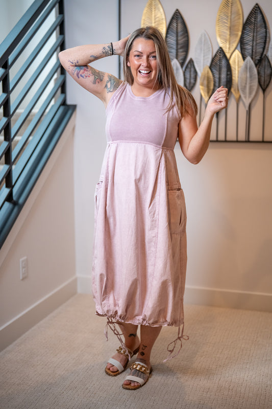 Easel mauve mineral wash cargo maxi dress with sleeveless ribbed top and flowy skirt