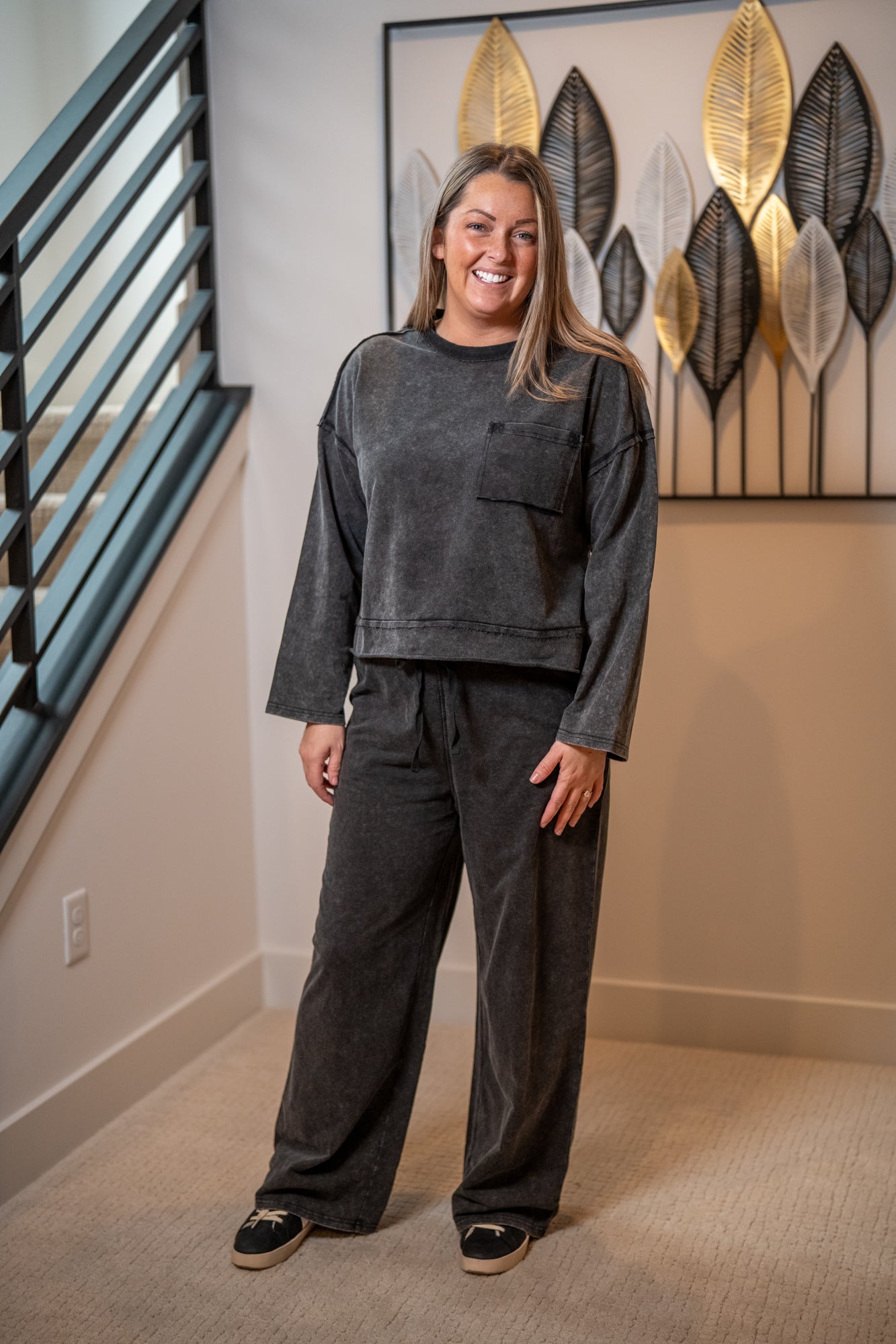 Mineral Washed Casual Knit Top & Pants Set