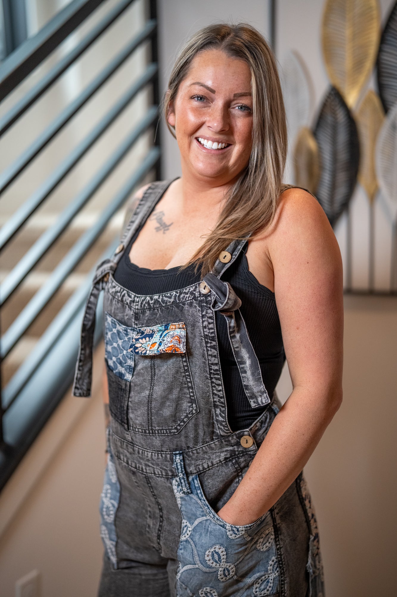 Multi Patch Denim Overalls