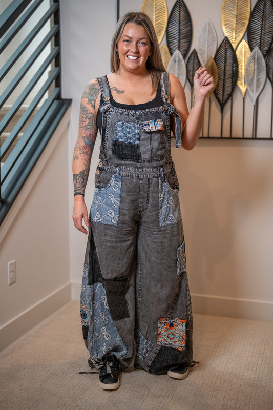 Multi Patch Denim Overalls