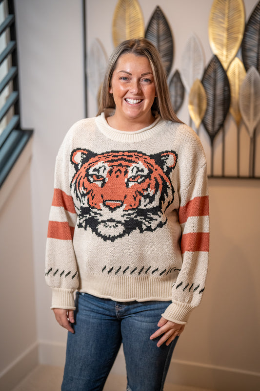 Mello Bold Tiger Knit Sweater – Cream & Coral