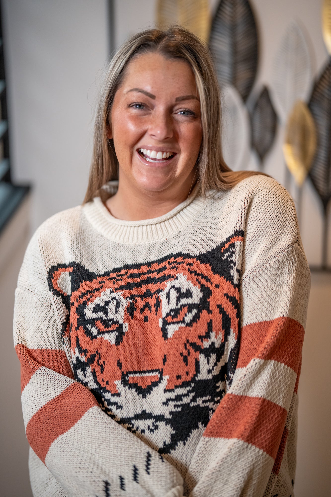 Mello Bold Tiger Knit Sweater – Cream & Coral