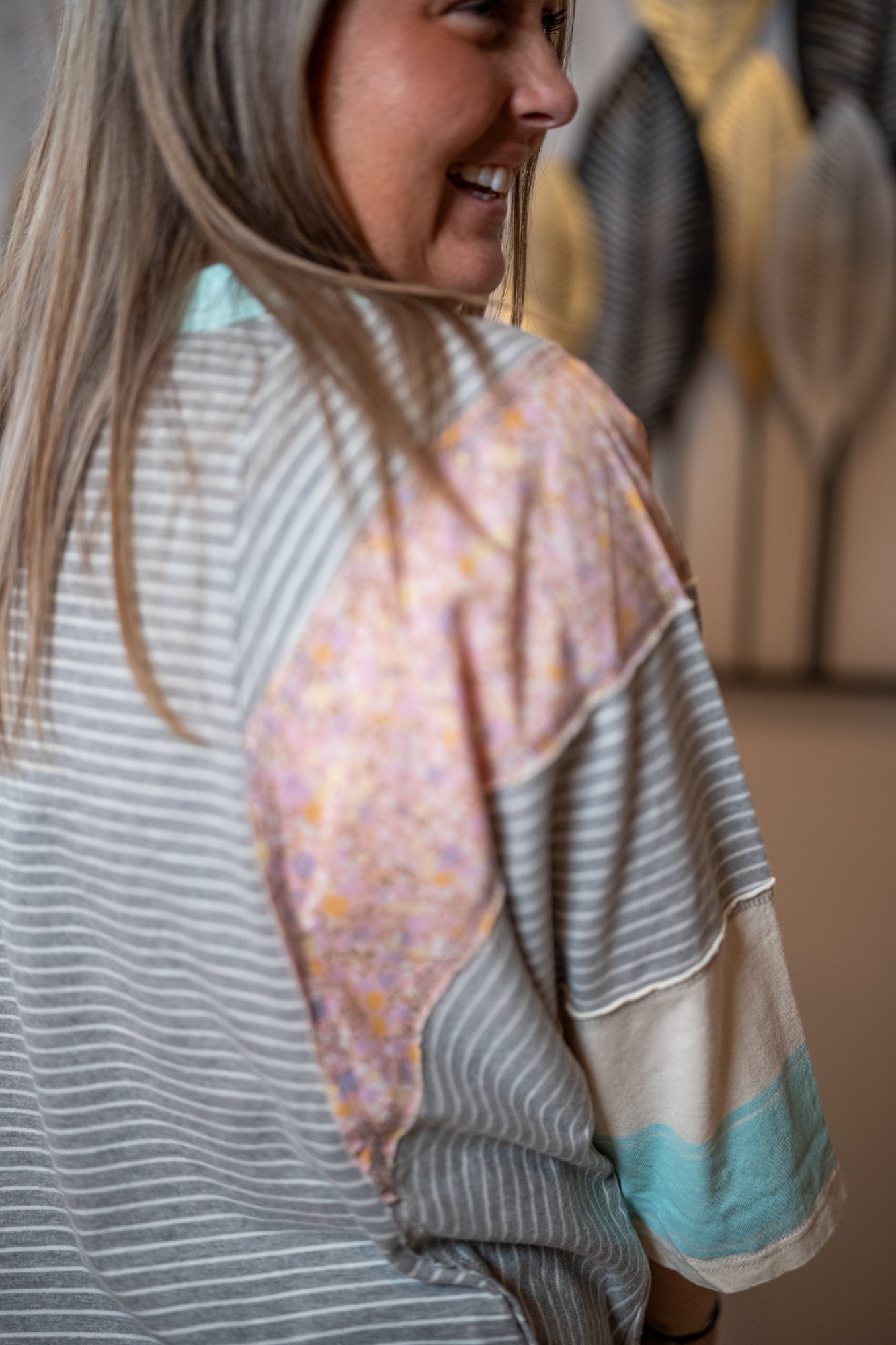 Easel Striped Floral Patchwork Top – Relaxed Boho Tee