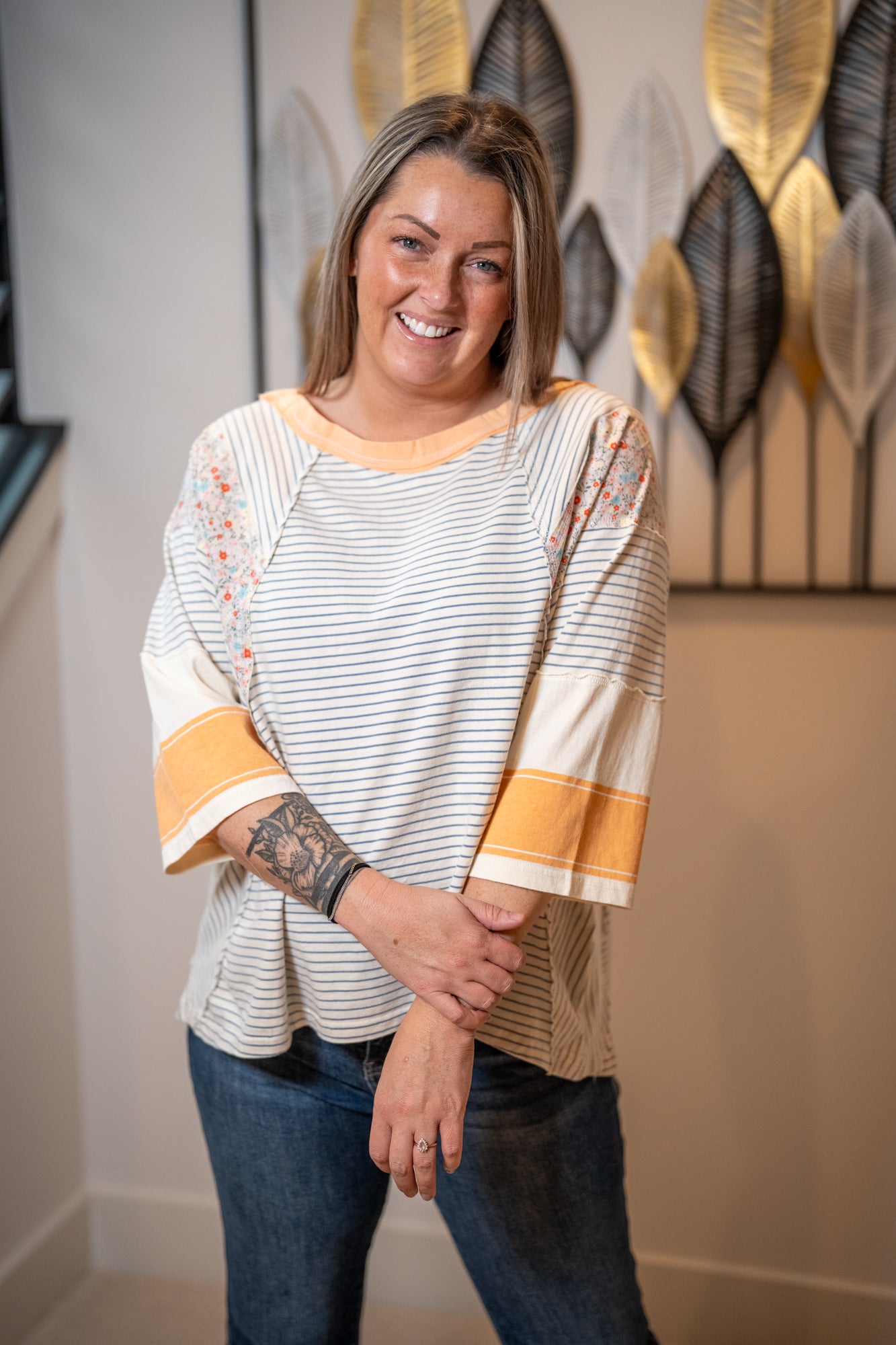 Easel Striped Floral Patchwork Top – Relaxed Boho Tee