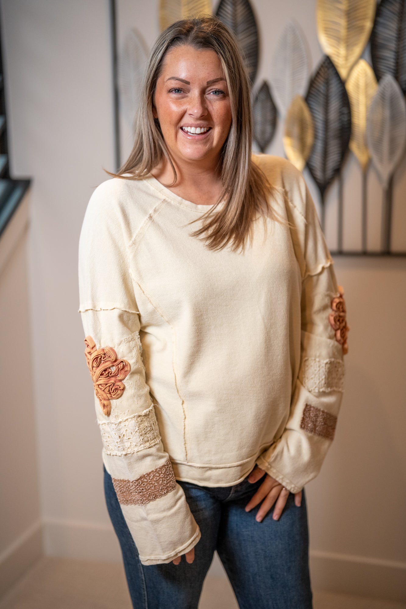 Easel Boho Patchwork Terry Pullover – Mineral Washed Cotton Top