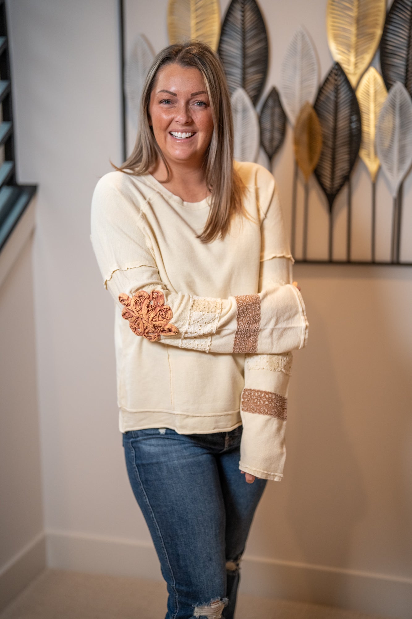 Easel Boho Patchwork Terry Pullover – Mineral Washed Cotton Top