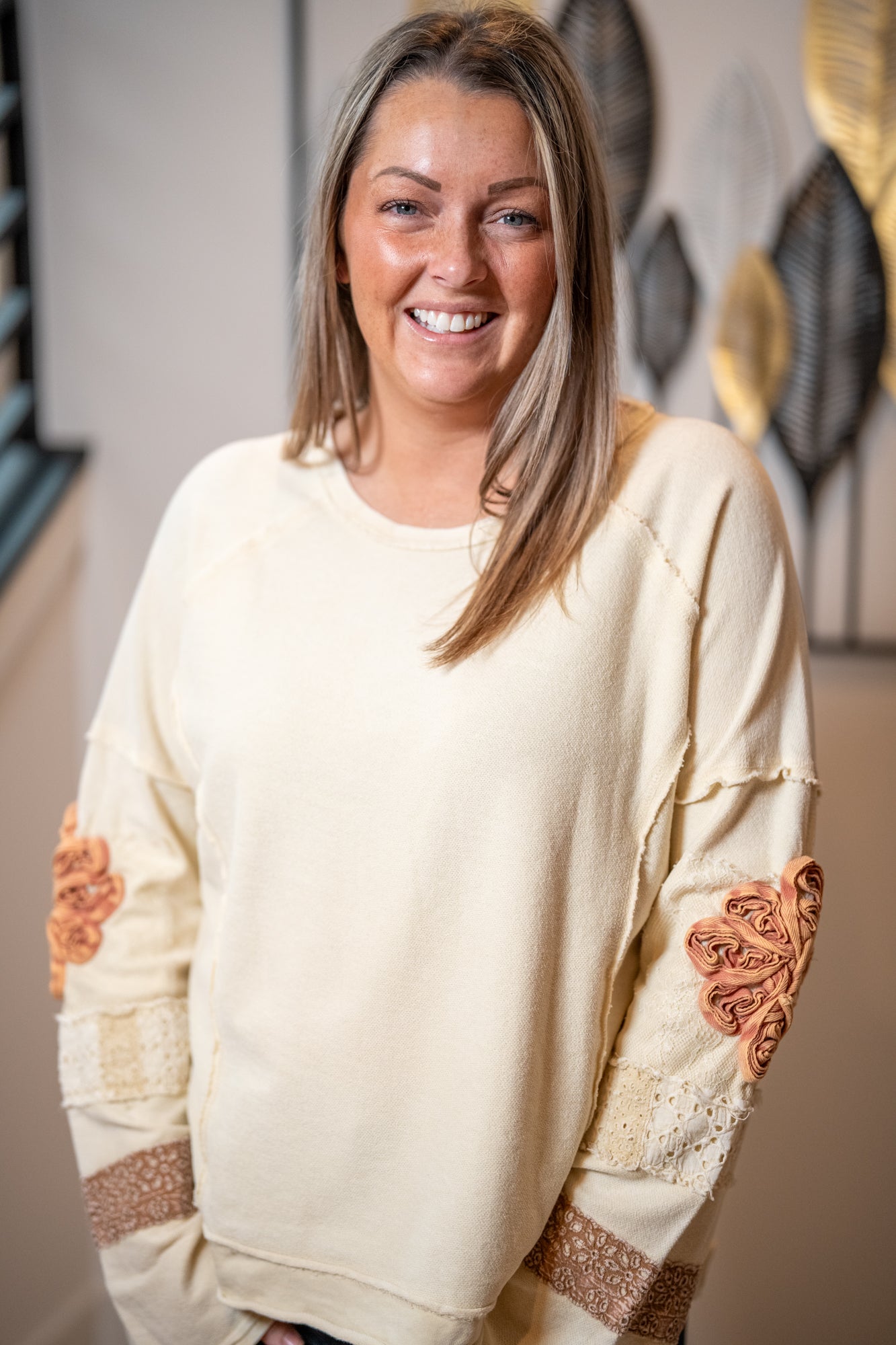 Easel Boho Patchwork Terry Pullover – Mineral Washed Cotton Top