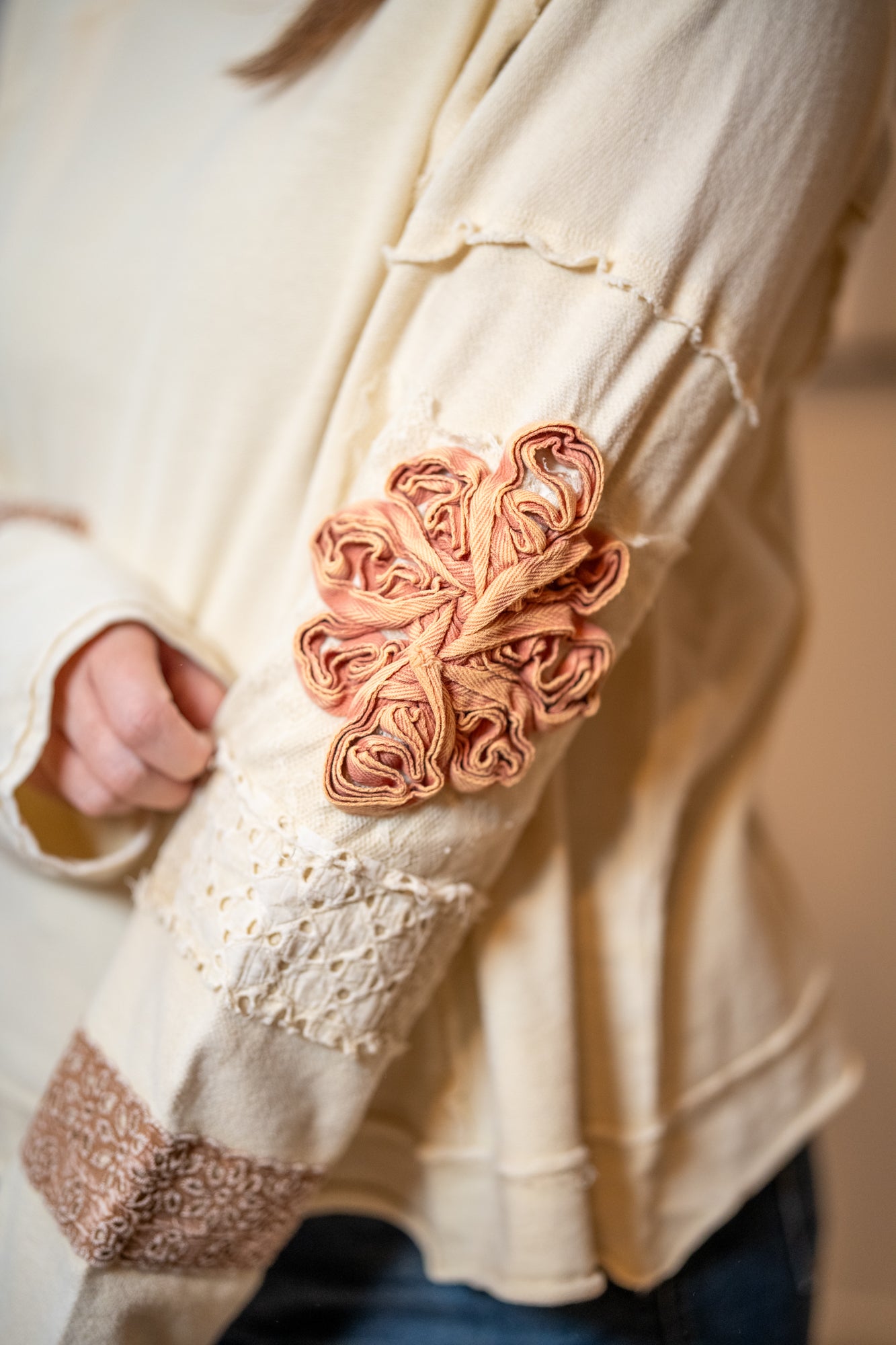 Easel Boho Patchwork Terry Pullover – Mineral Washed Cotton Top