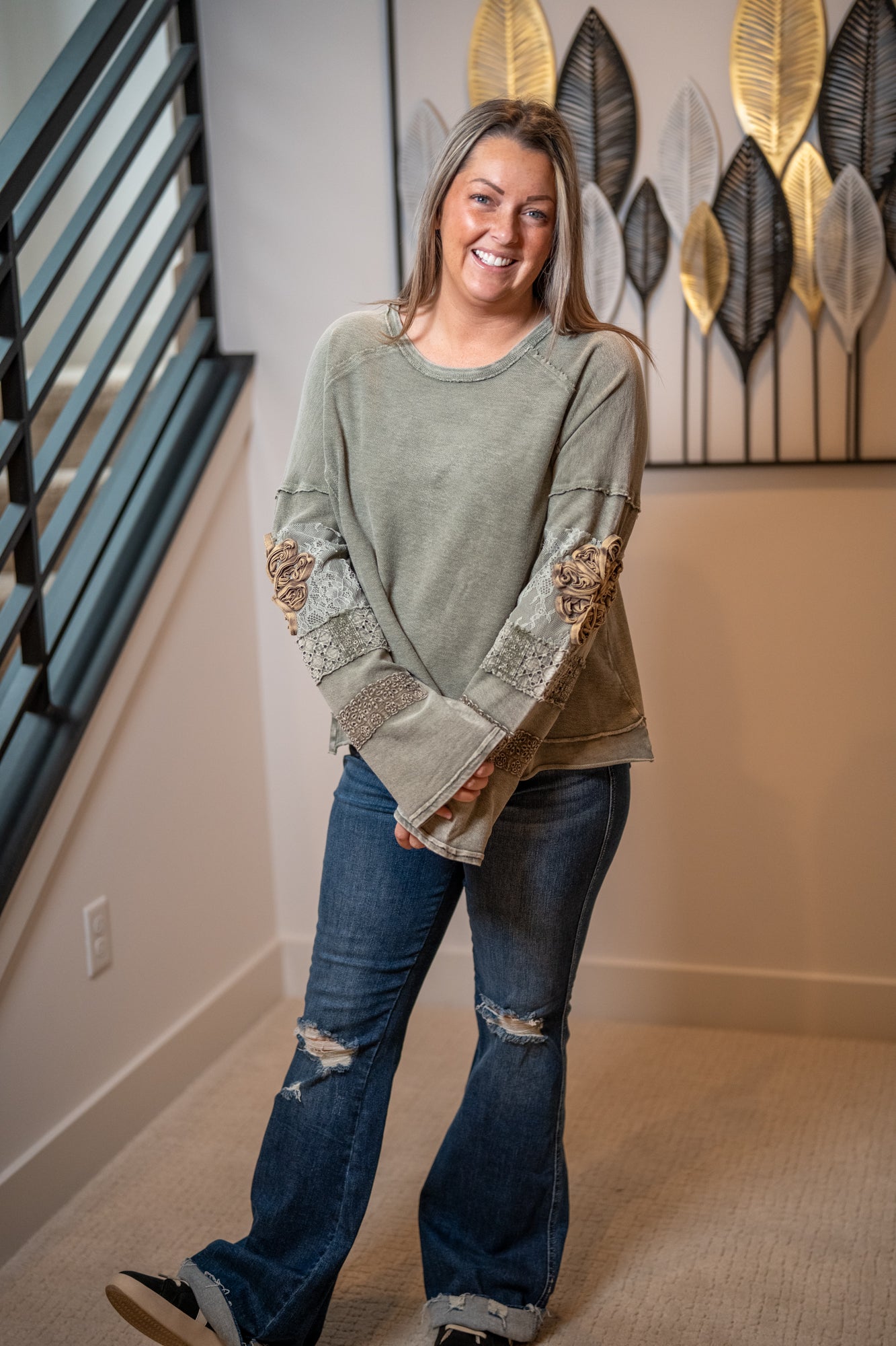 Easel Boho Patchwork Terry Pullover – Mineral Washed Cotton Top