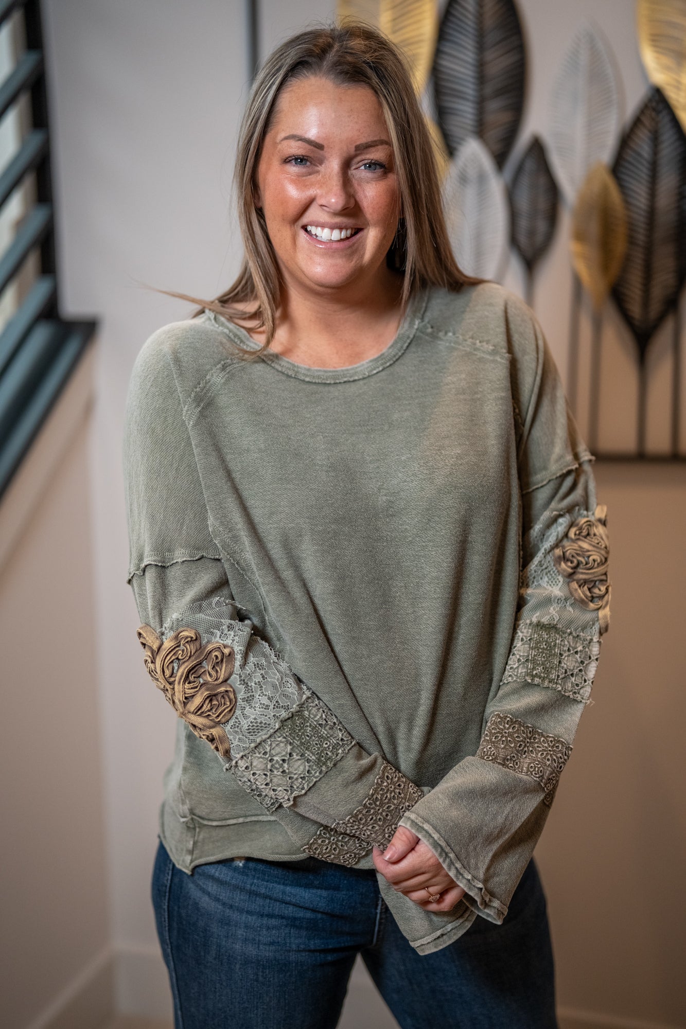 Easel Boho Patchwork Terry Pullover – Mineral Washed Cotton Top