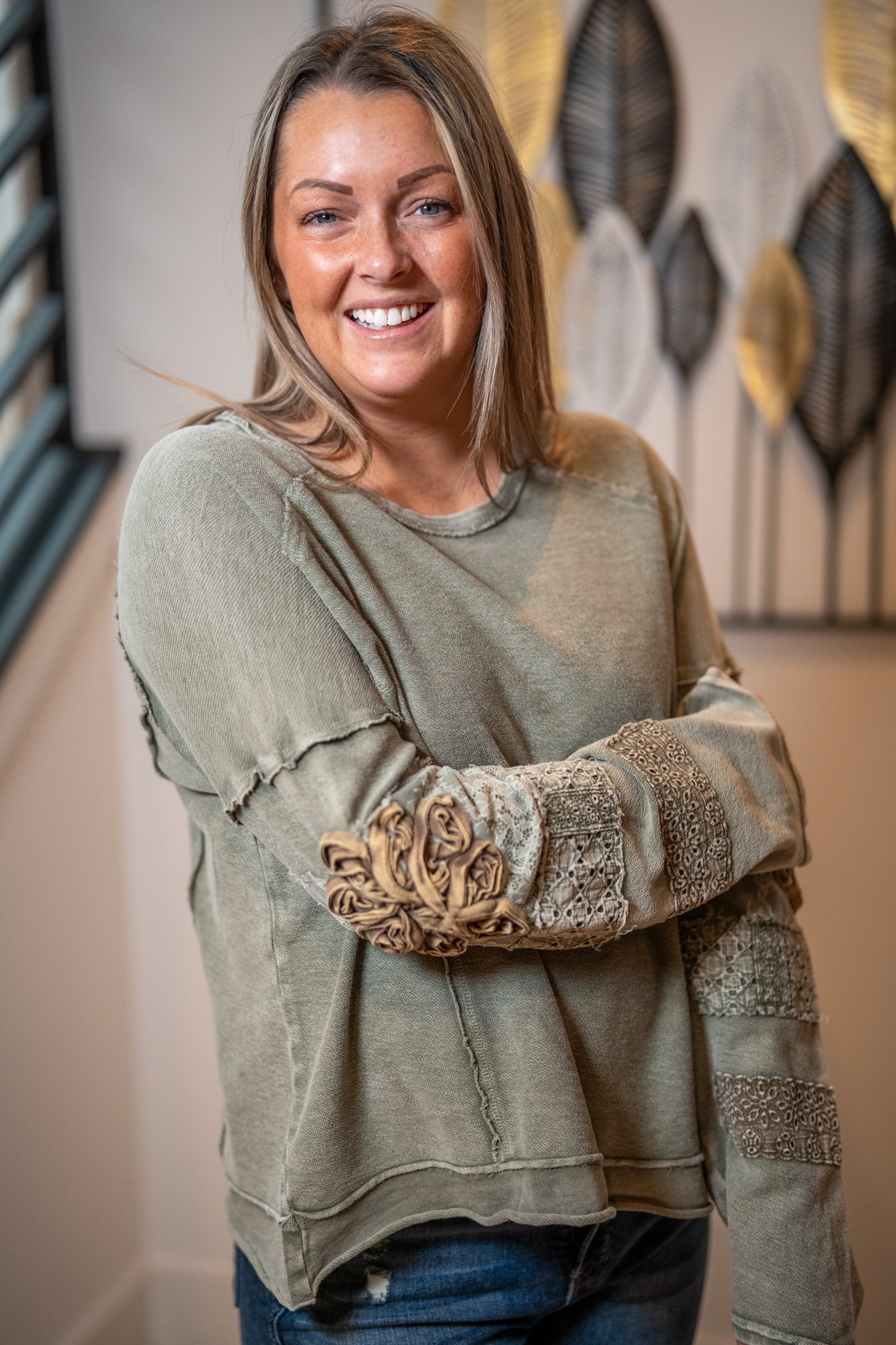 Easel Boho Patchwork Terry Pullover – Mineral Washed Cotton Top