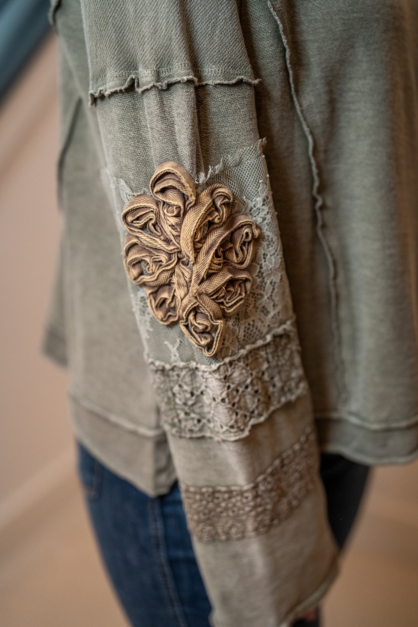 Easel Boho Patchwork Terry Pullover – Mineral Washed Cotton Top