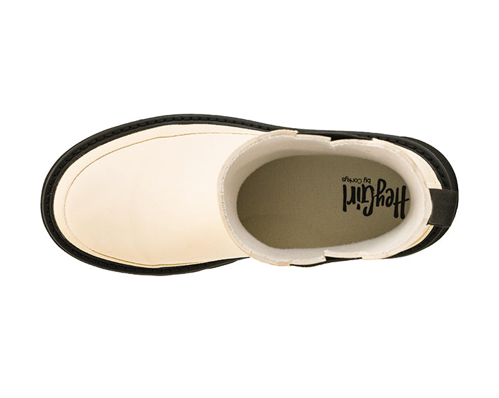 Top view of Corkys Drizzle ivory waterproof ankle boots with pull tab and elastic side panels