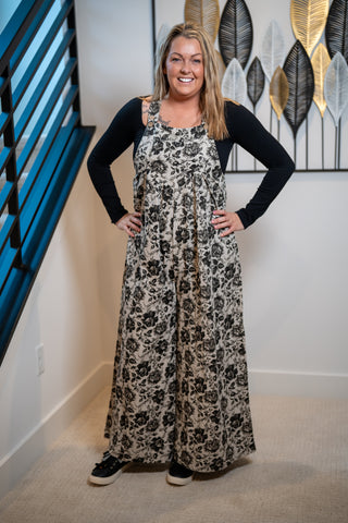 BiBi Garden Noir Floral Overall Jumpsuit — Grey & Black - Buttercup Lynne Boutique