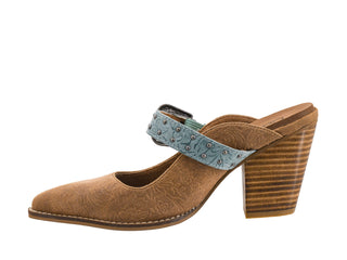 Corkys For The Girls camel suede mule heel with turquoise studded strap
