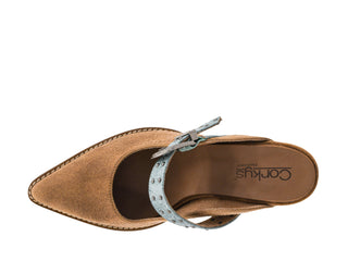 Corkys For The Girls mule shoe in camel suede with turquoise buckle strap, top view