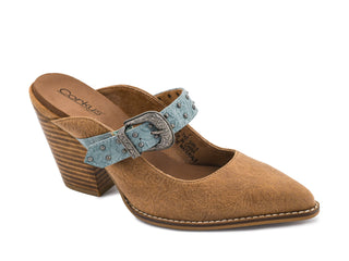 Corkys For The Girls camel mule heel with turquoise studded Mary Jane strap