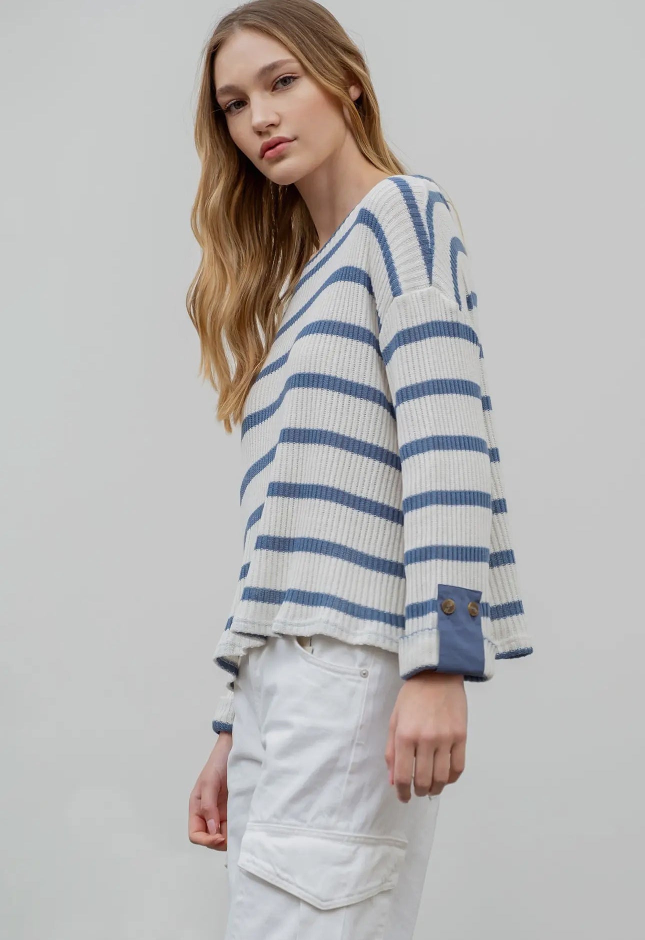 Denim Striped Knit Top 3/4 Sleeve - Buttercup Lynne Boutique