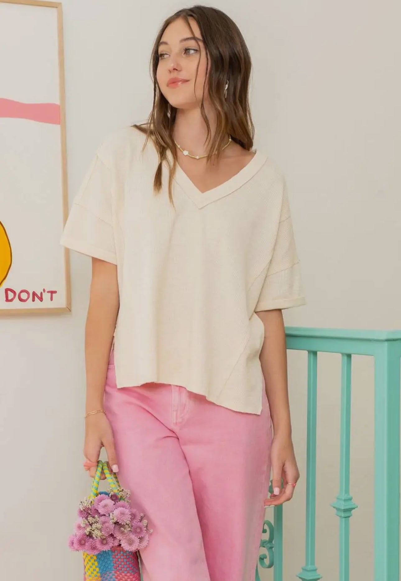 V Neck Knit Top - Raw Edge Side Slit - Cream - Buttercup Lynne Boutique