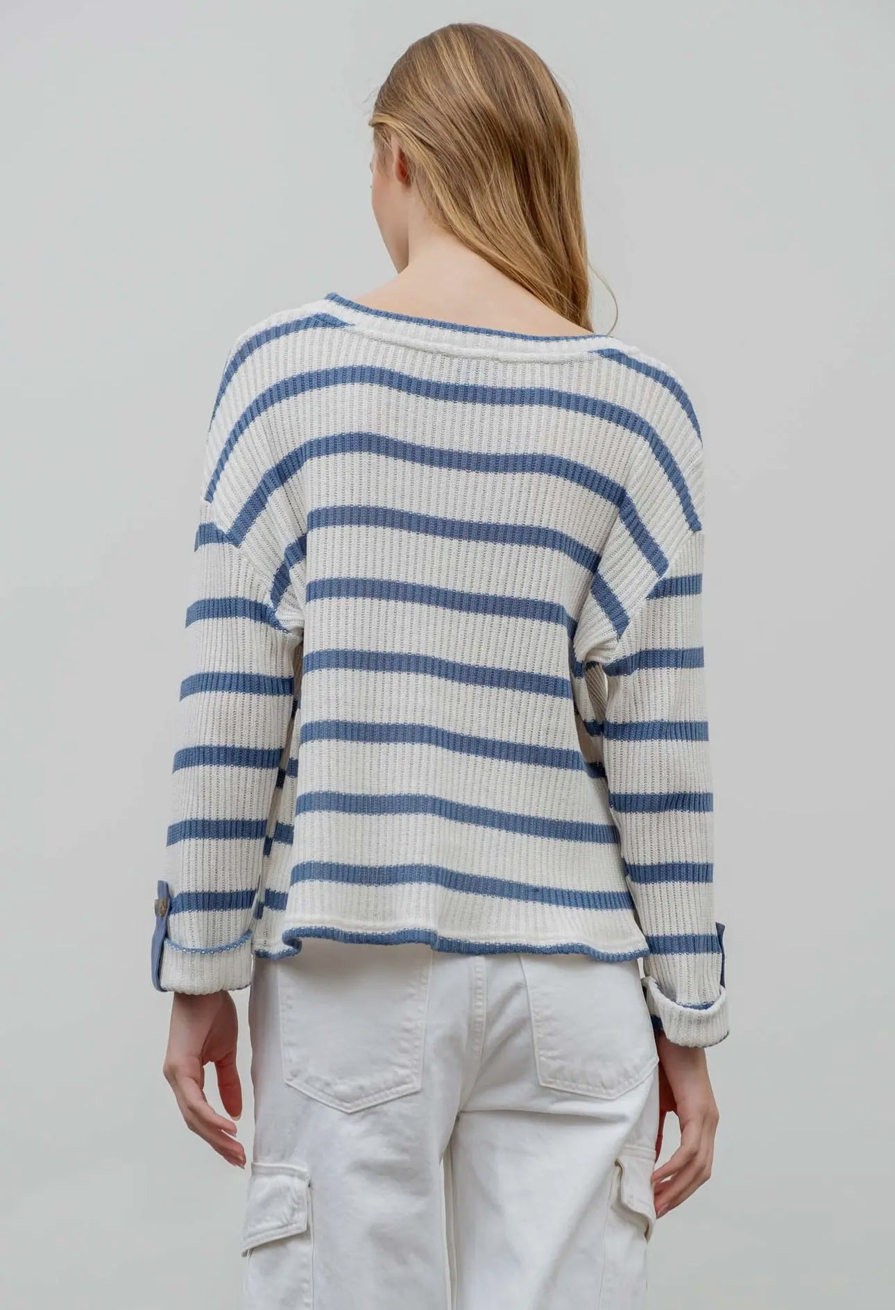 Denim Striped Knit Top 3/4 Sleeve - Buttercup Lynne Boutique