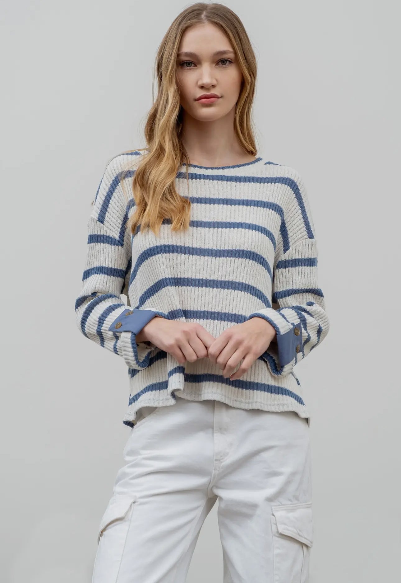 Denim Striped Knit Top 3/4 Sleeve - Buttercup Lynne Boutique