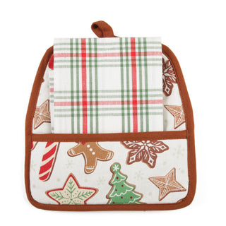 Christmas gingerbread cookie potholder with plaid dishtowel gift set, brown trim