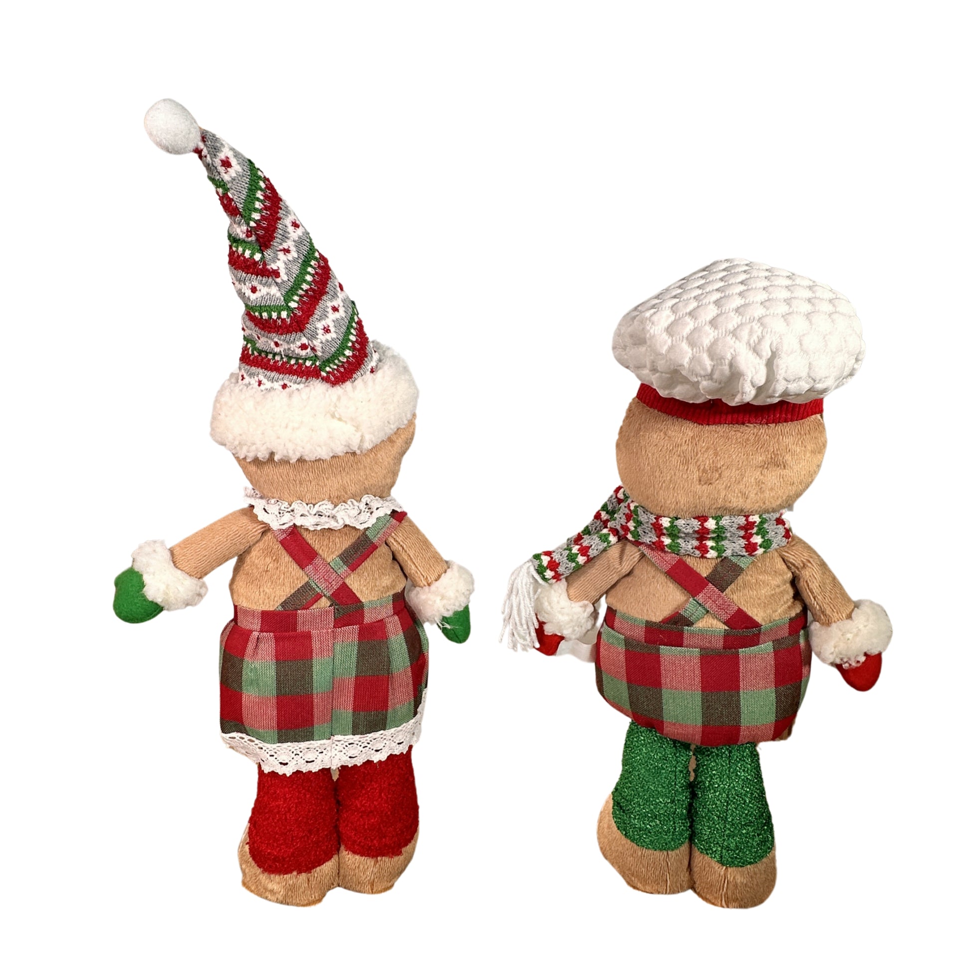 Gingerbread Boy and Girl Plush Set - 18" Baker Boy with Plaid Bottoms and Peppermint Buttons, 22" Girl in Plaid Dress with Adorable Pom Pom Beanie - Buttercup Lynne Boutique