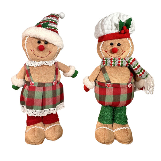 Gingerbread Boy and Girl Plush Set - 18" Baker Boy with Plaid Bottoms and Peppermint Buttons, 22" Girl in Plaid Dress with Adorable Pom Pom Beanie - Buttercup Lynne Boutique